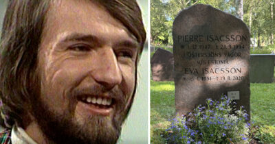 Pierre Isacsson, til høyre gravsteinen hans med tekst om Estoniakatastrofen 1994