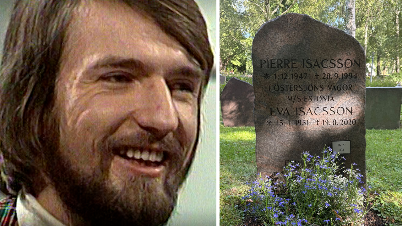 Pierre Isacsson, til høyre gravsteinen hans med tekst om Estoniakatastrofen 1994