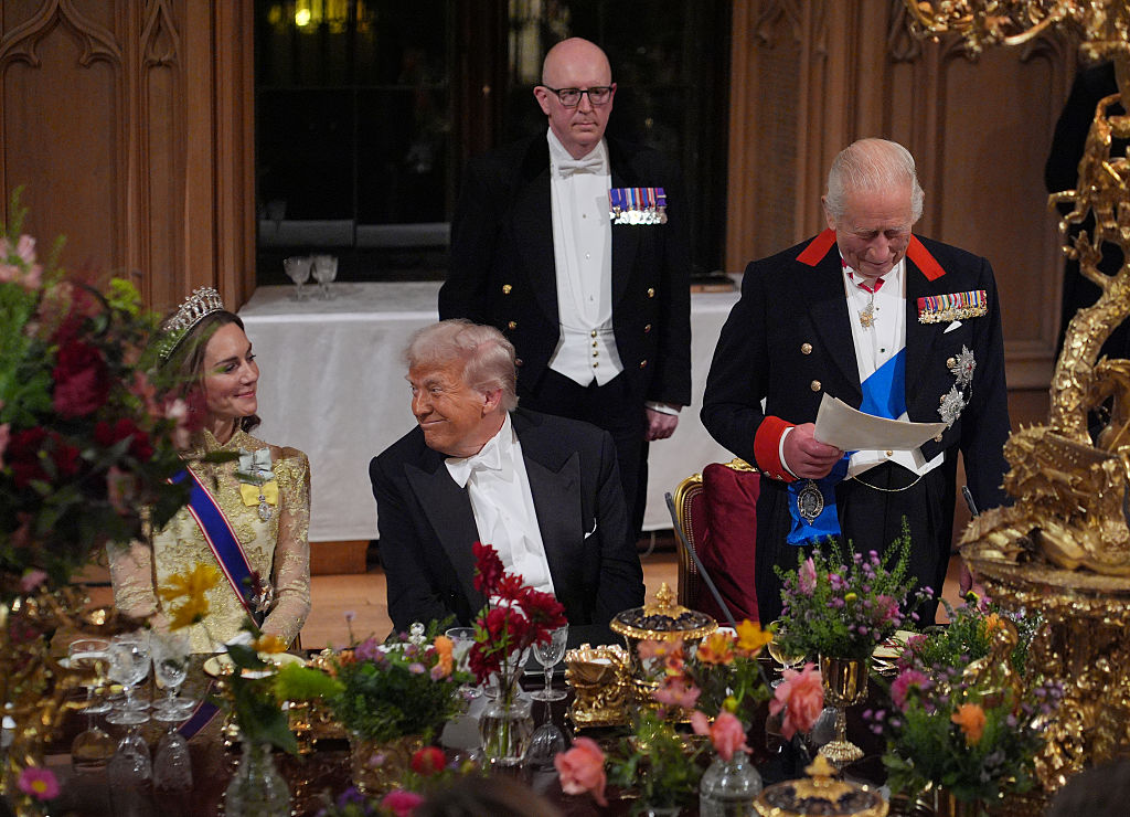 WINDSOR, ENGLAND - SEPTEMBER 17: King Charles III delivers his speech as US President Donald Trump and Catherine, Princess of Wales listen during the State Banquet at Windsor Castle for the State visit by the President of the United States of America on September 17, 2025 in Windsor, England. President Trump is in England from Sept. 16-18 on his second UK state visit, with the previous one taking place in 2019 during his first presidential term. (Photo by Yui Mok - WPA Pool/Getty Images)