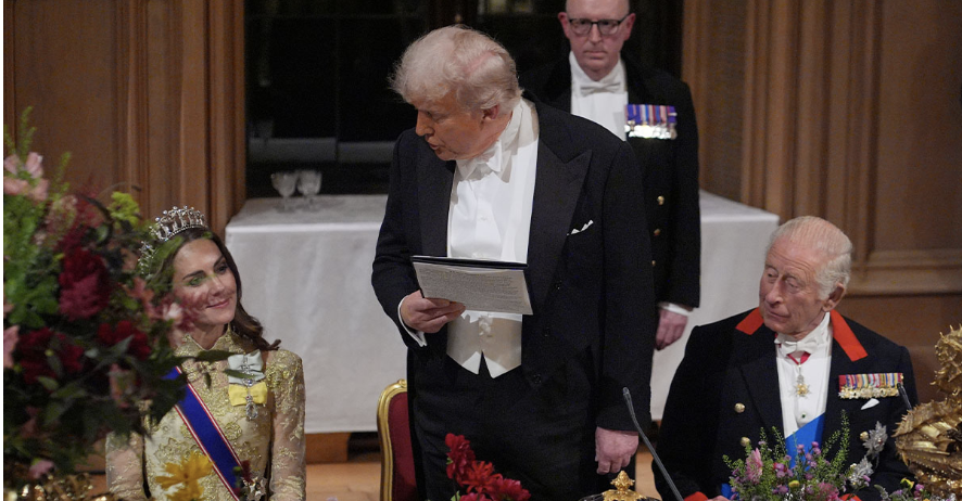 Kate Middleton (til venstre), Donald Trump (i midten), Kong Charles (til højre).