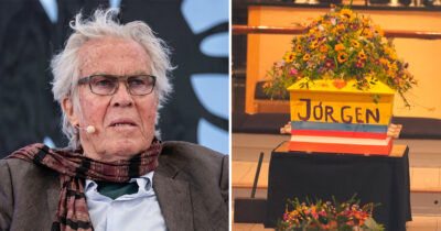 Jørgen Leth bliver bisat fra Garnisonskirken i en gul kiste.