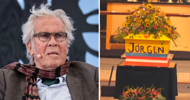 Jørgen Leth bliver bisat fra Garnisonskirken i en gul kiste.