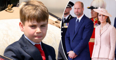 Il principe Louis (a sinistra), il principe William (al centro), Kate Middleton (a destra).