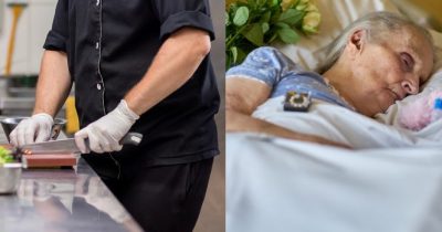 Cuoco preparada mangiare e un'anziana riposa a letto.