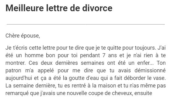 Il demande le divorce dans une lettre adressée à sa femme, mais sa